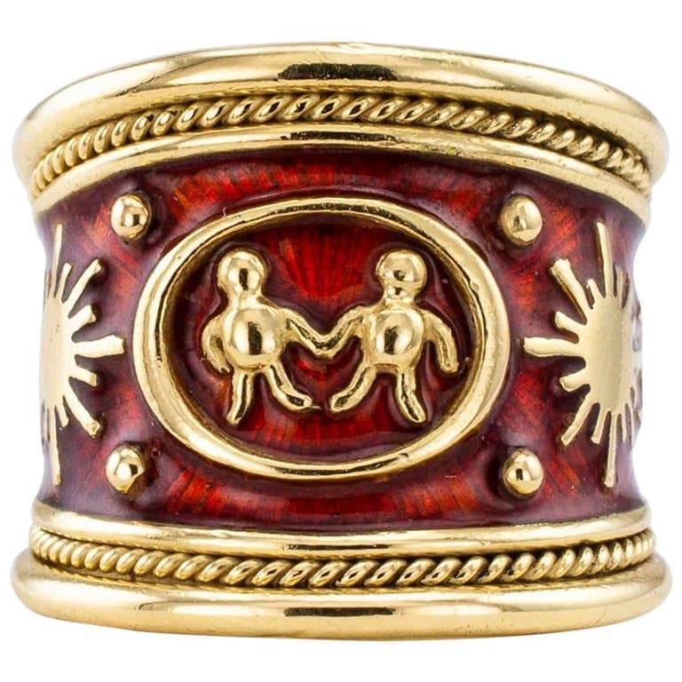 Кольцо Elizabeth Gage с эмалевым покрытием и золотым кольцом в виде близнецов