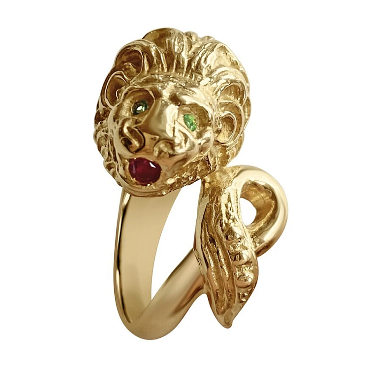 Кольцо Matthia's & Claire Etrusca Lion из 18-каратного желтого золота с изумрудом и рубином.