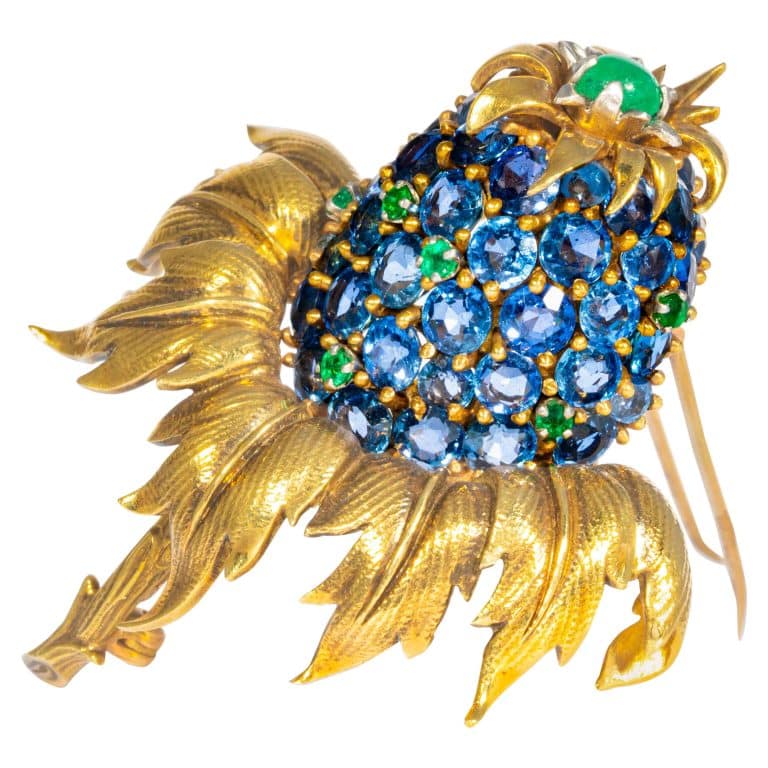 Schlumberger for Tiffany & Co. Брошь чертополох из сапфира, изумруда и желтого золота, 20 век