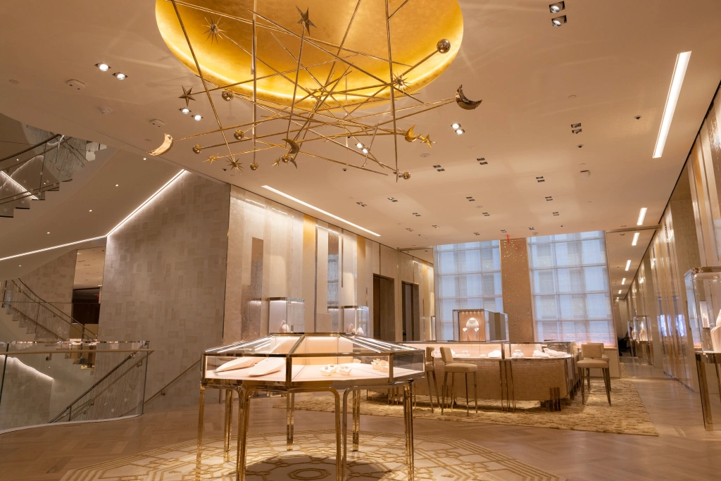 The fourth floor of Tiffany Landmark is dedicated to fine jewelry collections, which are represented with the decor's gold motif.