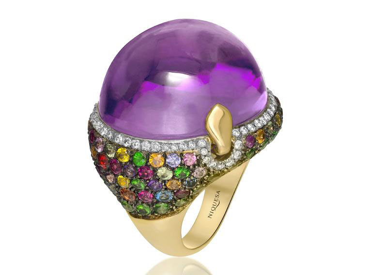 Кольцо Venice Pulcinella с аметистом и разноцветными драгоценными камнями