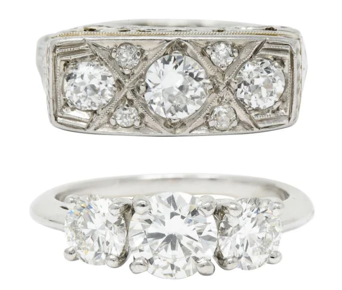 Винтажные кольца с тремя камнями Tiffany & Co. Кольцо с бриллиантом в стиле ар-деко, обеденное кольцо