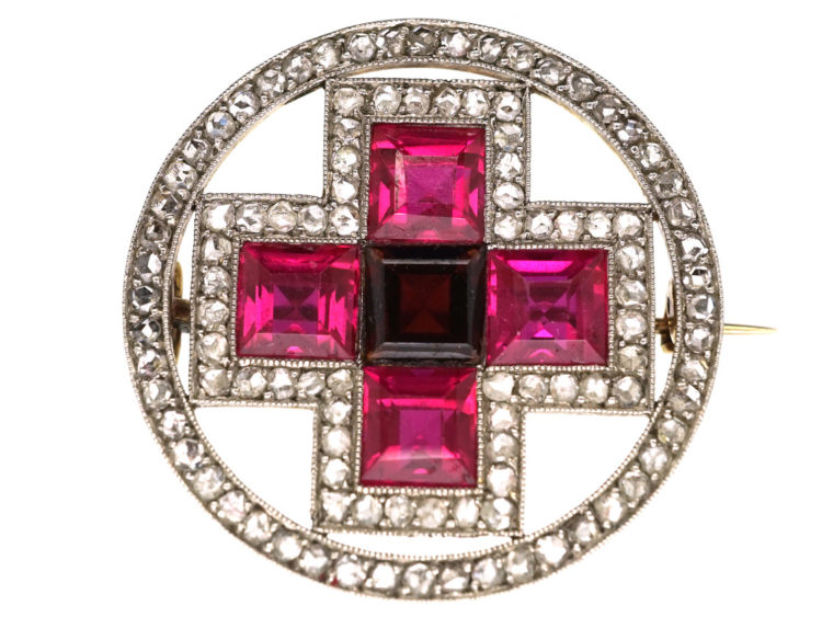 Брошь в виде круга в стиле ар-деко из 18-каратного золота, платины, синтетического рубина и розового бриллианта с крестом