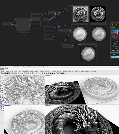 Рисунок 17. «Dragon Coin» Криса Боты. Изображение Stable Diffusion и карта глубины; 3D-дизайн в ZoeDepth и Rhinoceros 3D. Верхнее изображение показывает настраиваемую программу для Stable Diffusion с использованием пользовательского интерфейса ComfyUI. ComfyUI позволяет пользователю управлять Stable Diffusion с помощью визуального языка программирования. Каждый фрагмент кода представлен в виде блока с определенными входами и выходами. Блоки соединены вместе через эти входные и выходные разъемы для изменения кода, создания подробных изображений из текстовой подсказки, а затем преобразования подробных изображений в изображения высотного поля, подходящие для ZoeDepth. Нижнее изображение использует Rhinoceros для отображения 2,5D-объекта, созданного из этого изображения ZoeDepth.