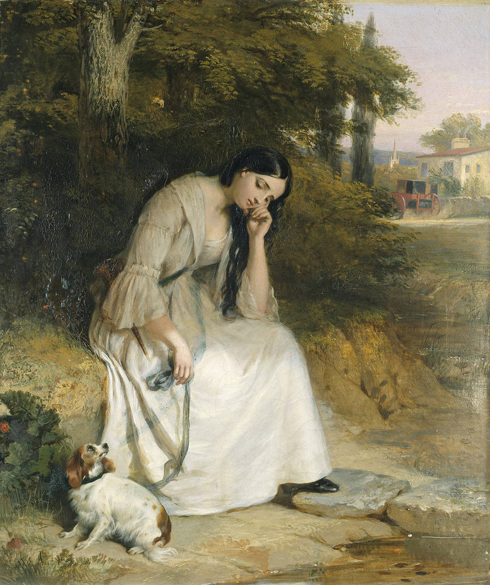 Картина маслом на холсте под названием «Мария», изображающая женщину в белом платье, одиноко сидящую под деревом, и маленькую собачку, которая с беспокойством смотрит на нее.