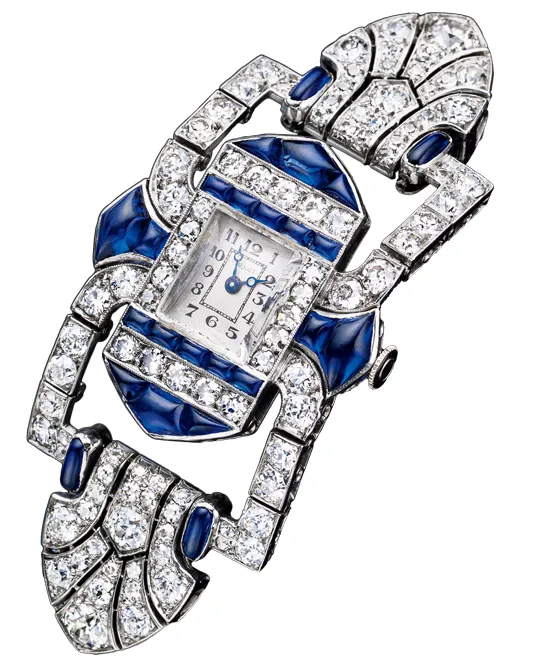 Наручные часы Fouquet. Их характерный дизайн с повторяющимися квадратами и острыми углами напоминает мужские часы. Механизм Vergé. Около 1920 года, Франция.