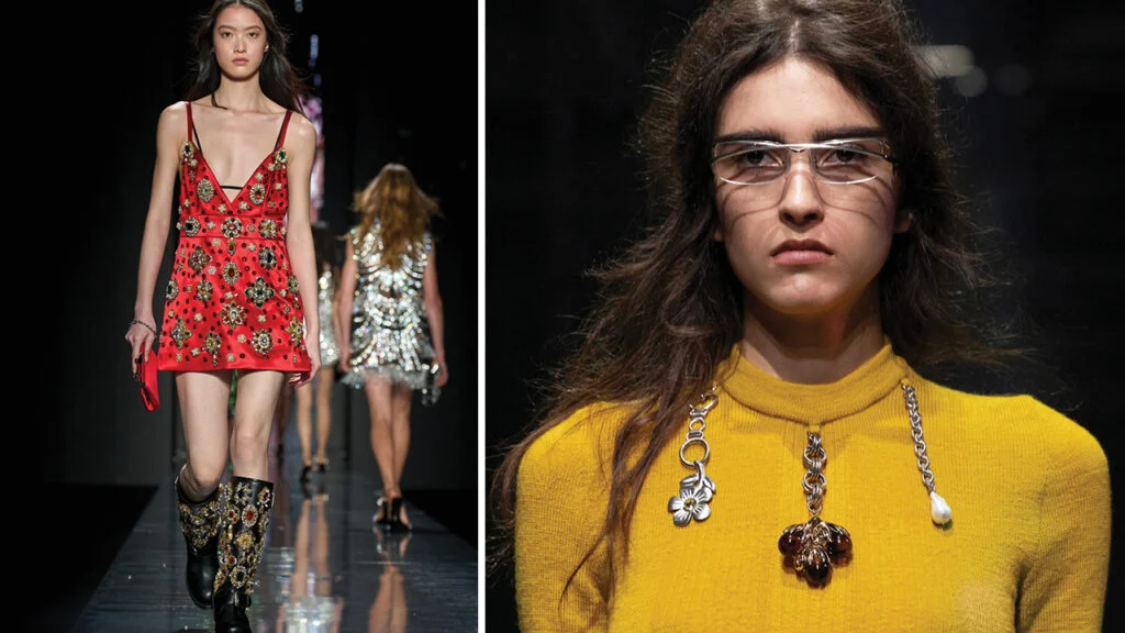 Слева: Модель в платье с драгоценными камнями и ботинках на показе Dolce & Gabbana. Справа: Трикотаж Prada с аксессуарами и крупными подвесками image