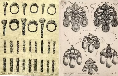 Ювелирные изделия XVII века: французские рисунки ювелирных украшений 1663 года, изображающие кольца и другие украшения, работы Жиля Л'Эгаре.